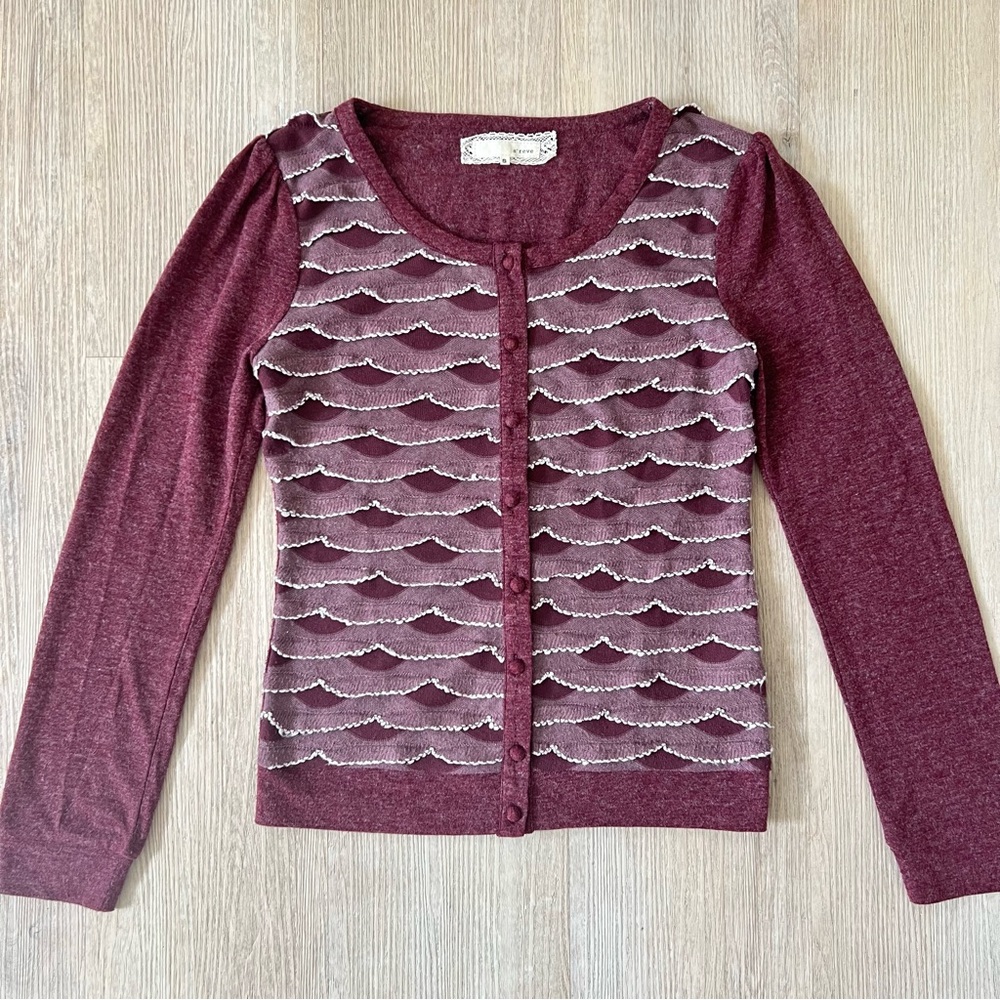 Anthropologie A’reve Burgundy Textured Wave Pattern Buttoned Front Sweater